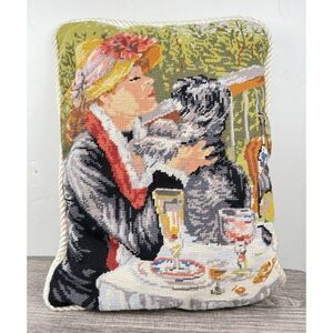 Vintage French Canvas Tapestry Accent Pillow Needlepoint Woman Embracing The Dog